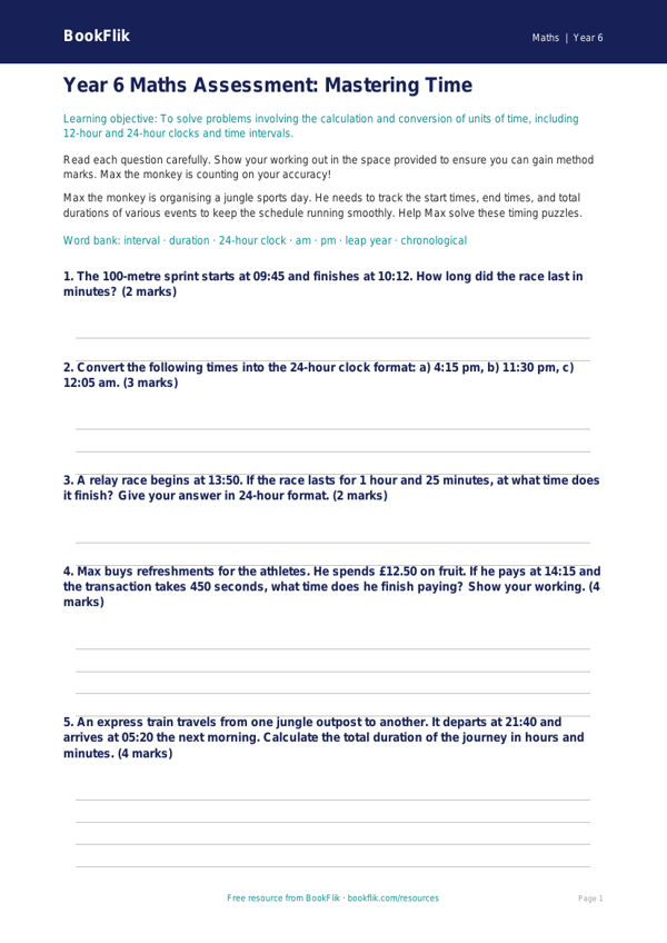 Free Time Assessment Worksheet | Year 6 Maths | BookFlik worksheet preview — Maths Time