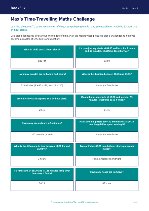 Free Time Flashcards | Year 6 Core | BookFlik worksheet preview — Maths Time