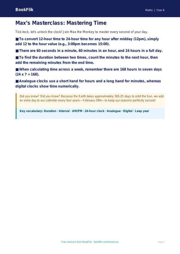 Free Time Poster Worksheet | Year 6 Core | BookFlik worksheet preview — Maths Time