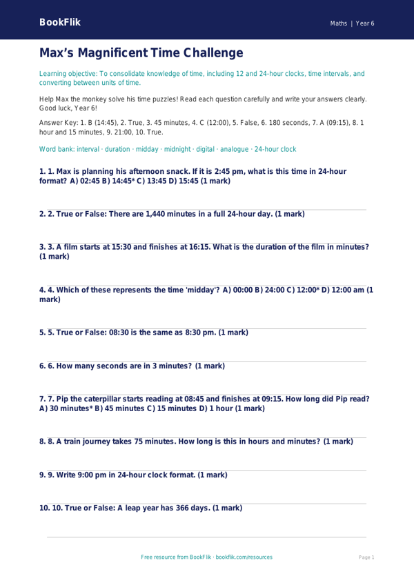 Free Time Quiz | Year 6 Core | BookFlik worksheet preview — Maths Time