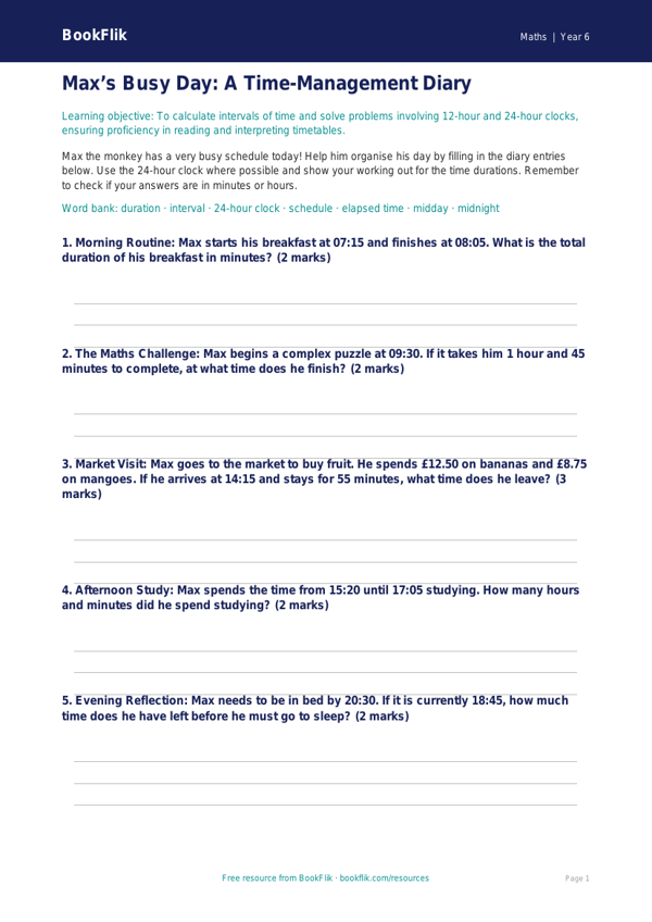 Free Time Template | Year 6 Core | BookFlik worksheet preview — Maths Time