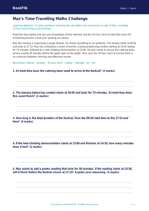 Free Time Track Sheet | Year 6 Core | BookFlik worksheet preview — Maths Time