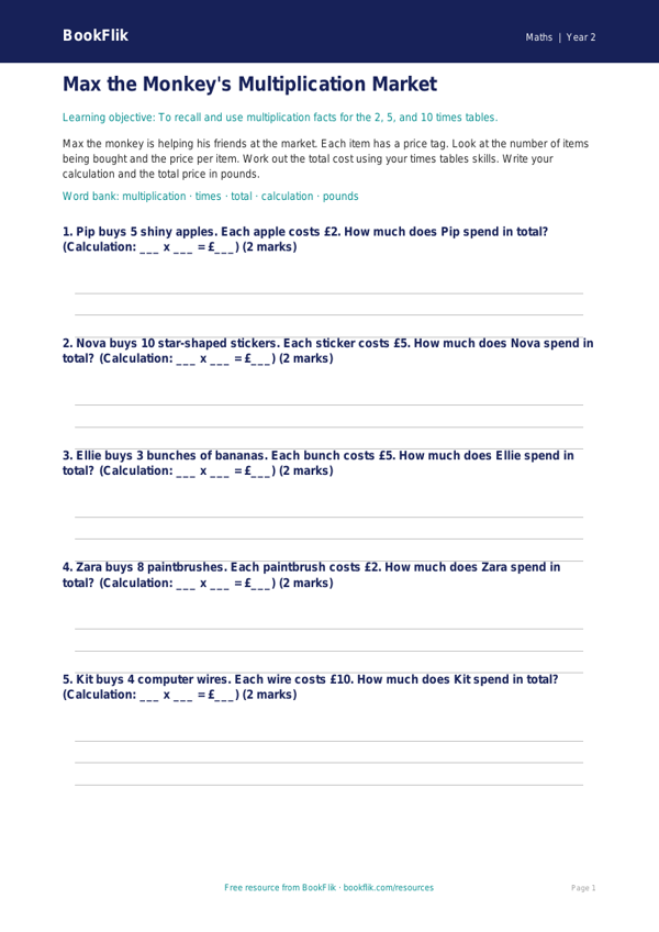 Free Times Tables Activity Sheet | Year 2 Core | BookFlik worksheet preview — Maths Times Tables