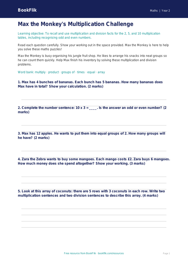 Free Times Tables Assessment | Year 2 Core | BookFlik worksheet preview — Maths Times Tables