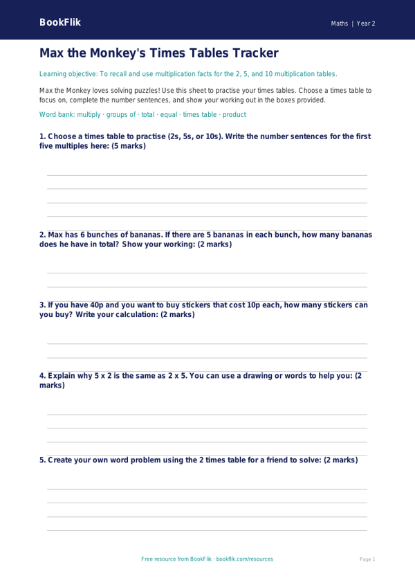Free Times Tables Template | Year 2 Core | BookFlik worksheet preview — Maths Times Tables