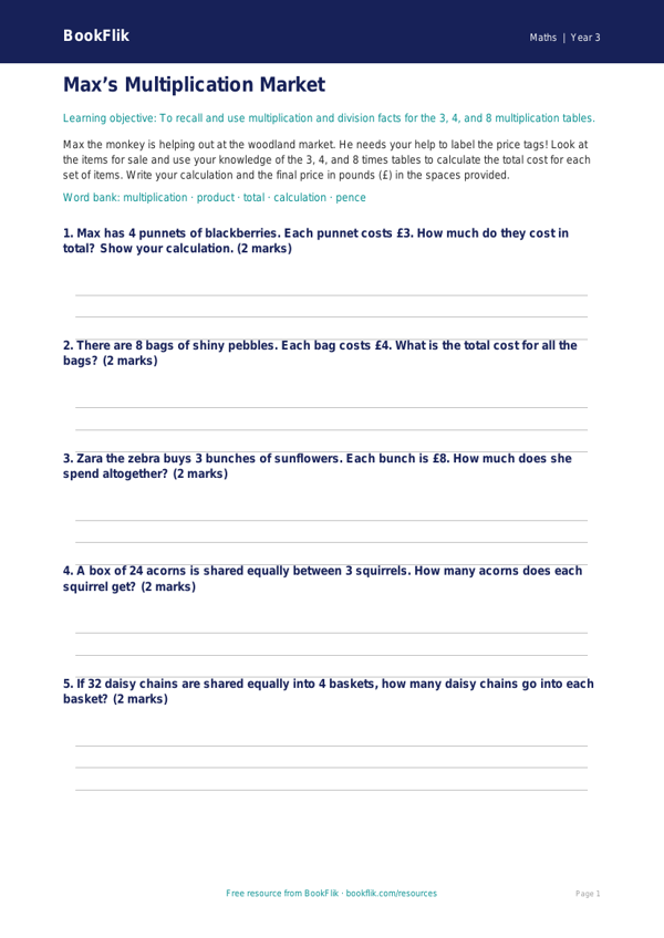 Free Times Tables Activity Sheet | Year 3 Core | BookFlik worksheet preview — Maths Times Tables
