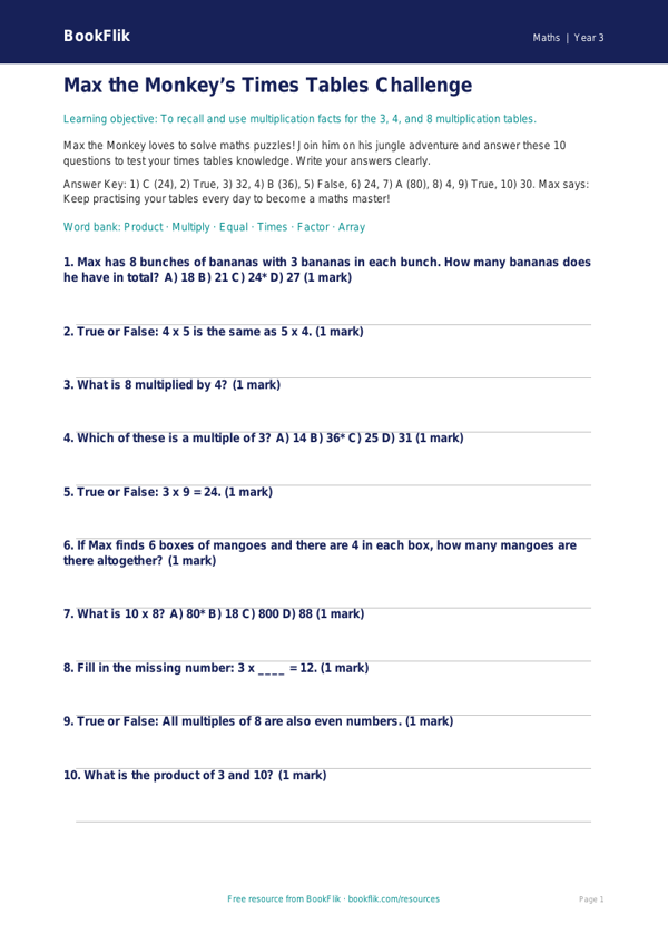 Free Times Tables Quiz | Year 3 Core | BookFlik worksheet preview — Maths Times Tables