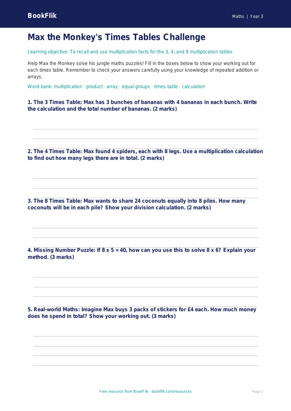Free Times Tables Template | Year 3 Core | BookFlik worksheet preview — Maths Times Tables
