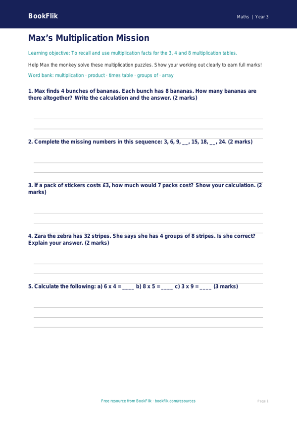 Free Times Tables Worksheet | Year 3 Core | BookFlik worksheet preview — Maths Times Tables