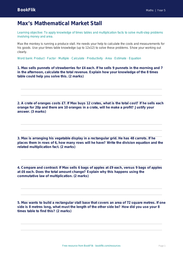 Free Times Tables Activity Sheet | Year 5 Greater Depth | BookFlik worksheet preview — Maths Times Tables