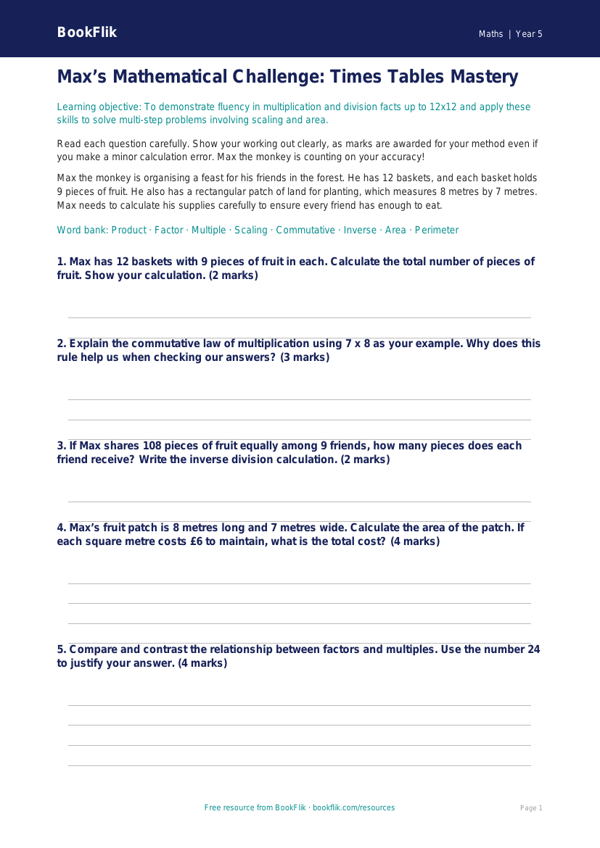 Free Times Tables Assessment | Year 5 Greater Depth | BookFlik worksheet preview — Maths Times Tables