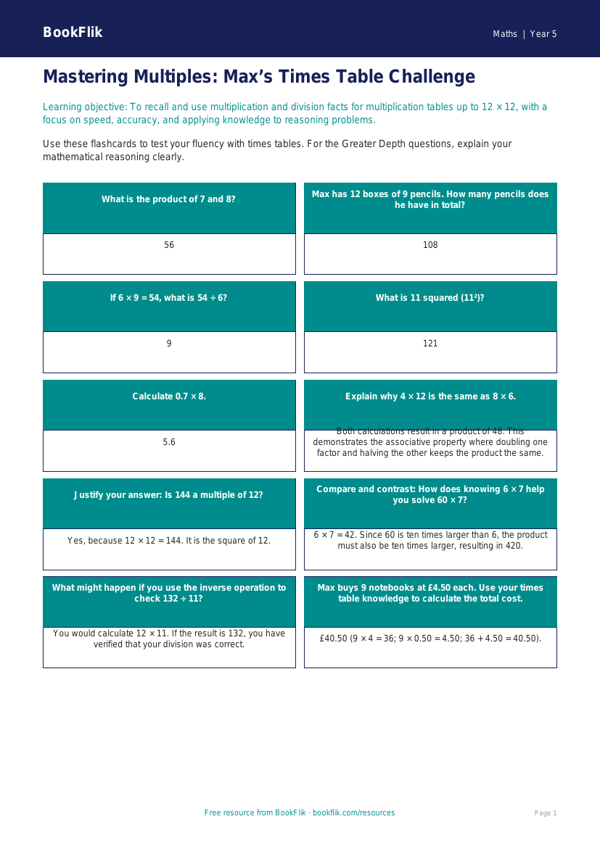 Free Times Tables Flashcards | Year 5 Greater Depth | BookFlik worksheet preview — Maths Times Tables