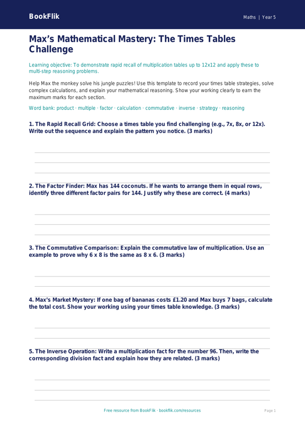 Free Times Tables Template | Year 5 Greater Depth | BookFlik worksheet preview — Maths Times Tables