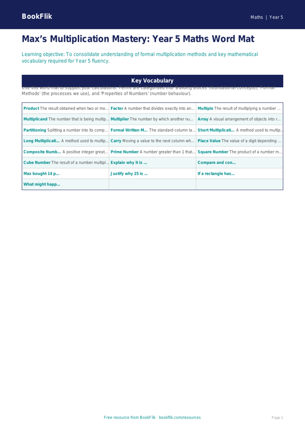 Free Times Tables Word Mat | Year 5 Greater Depth | BookFlik worksheet preview — Maths Times Tables