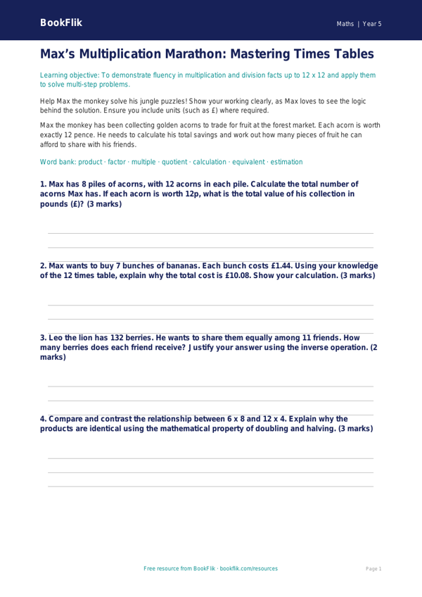 Free Times Tables Worksheet | Year 5 Greater Depth | BookFlik worksheet preview — Maths Times Tables