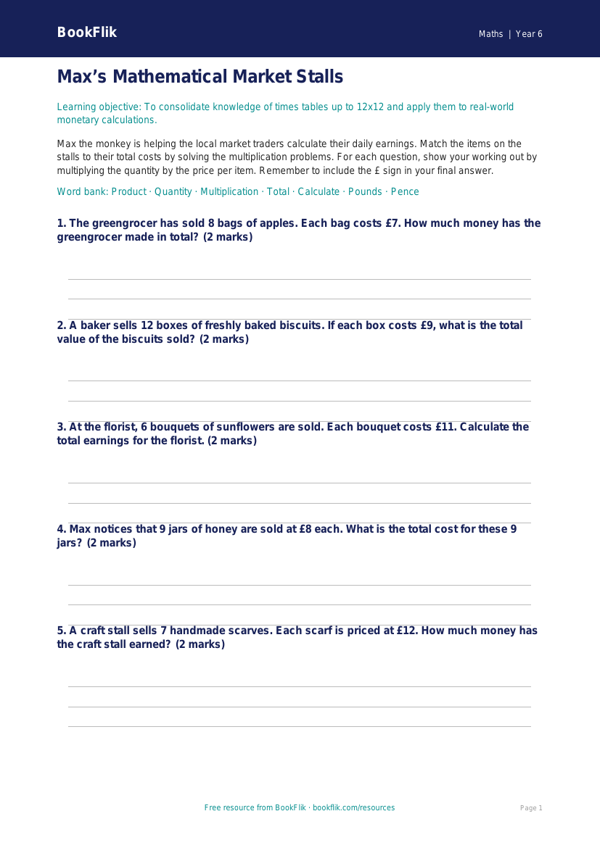 Free Times Tables Activity Sheet | Year 6 Core | BookFlik worksheet preview — Maths Times Tables