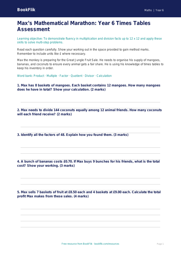 Free Times Tables Assessment | Year 6 Core | BookFlik worksheet preview — Maths Times Tables