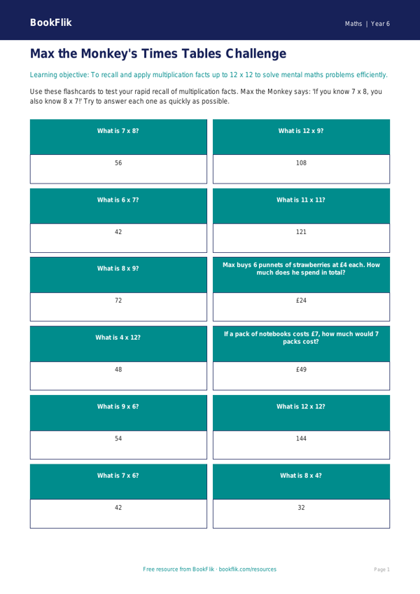 Free Times Tables Flashcards | Year 6 Core | BookFlik worksheet preview — Maths Times Tables