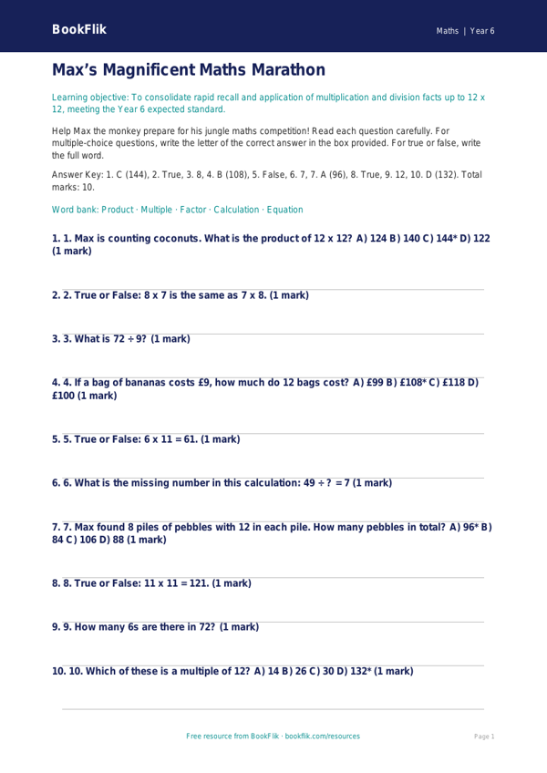 Free Times Tables Quiz | Year 6 Core | BookFlik worksheet preview — Maths Times Tables