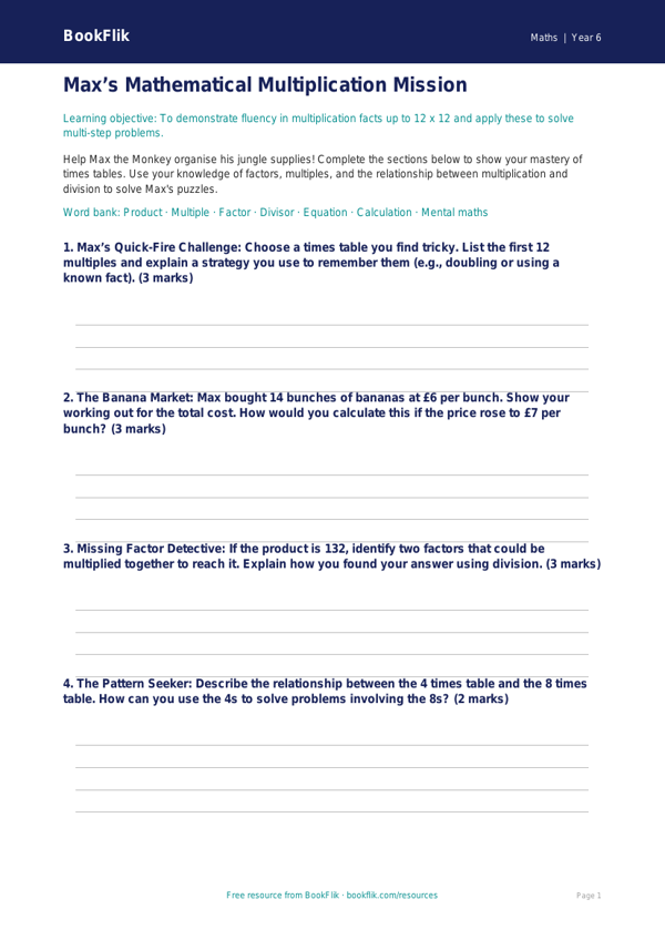 Free Times Tables Template | Year 6 Core | BookFlik worksheet preview — Maths Times Tables