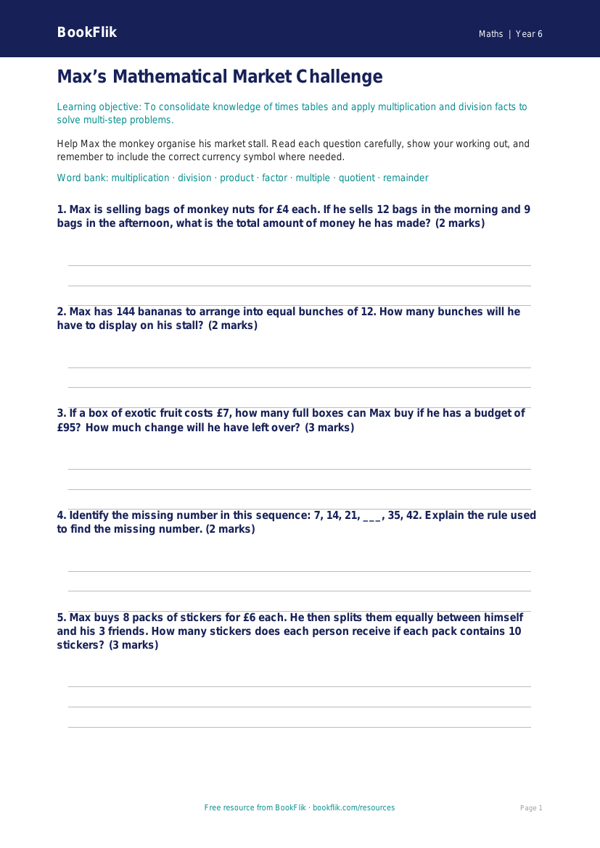 Free Times Tables Worksheet | Year 6 Core | BookFlik worksheet preview — Maths Times Tables