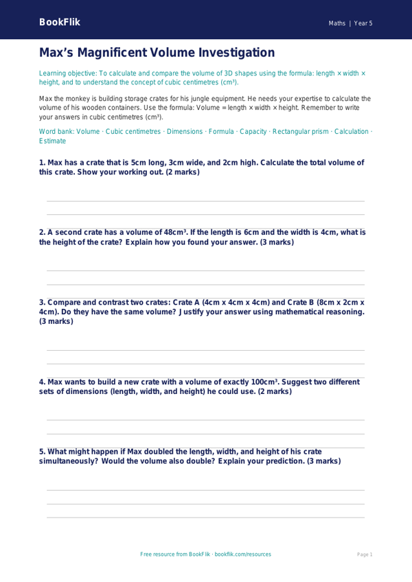 Free Volume Activity Sheet | Year 5 Greater Depth | BookFlik worksheet preview — Maths Volume
