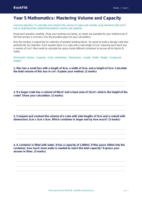 Free Volume Assessment | Year 5 Greater Depth | BookFlik worksheet preview — Maths Volume