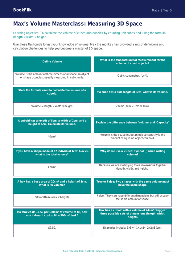 Free Volume Flashcards | Year 5 Greater Depth | BookFlik worksheet preview — Maths Volume