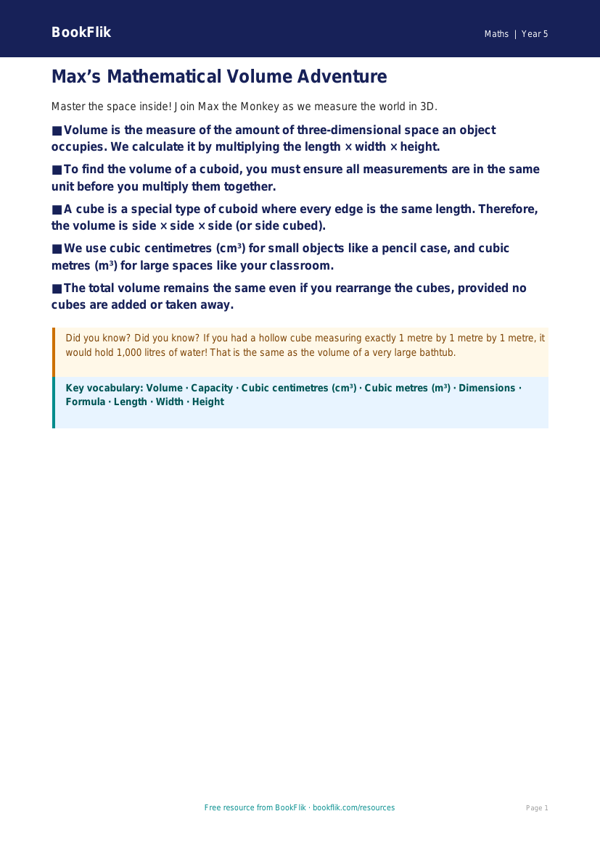 Free Volume Poster | Year 5 Greater Depth | BookFlik worksheet preview — Maths Volume