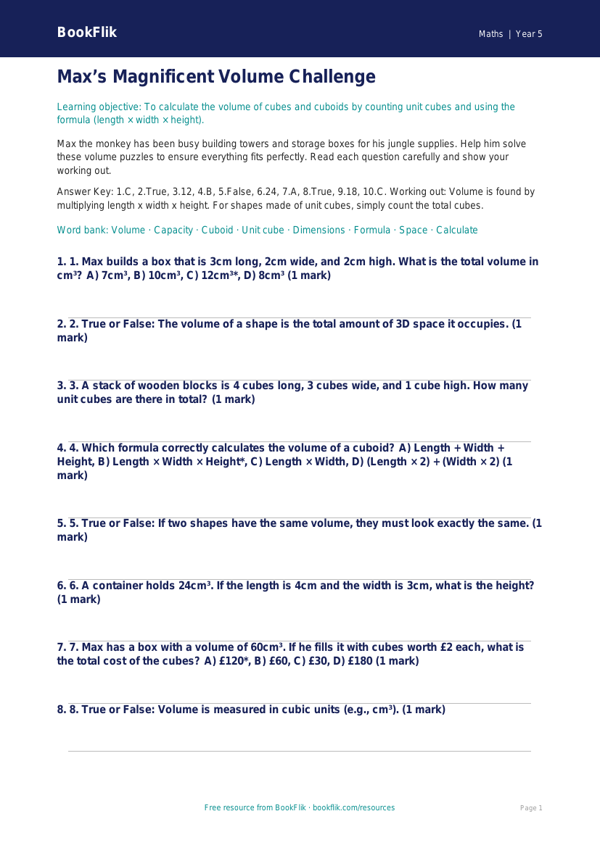Free Volume Quiz | Year 5 Greater Depth | BookFlik worksheet preview — Maths Volume