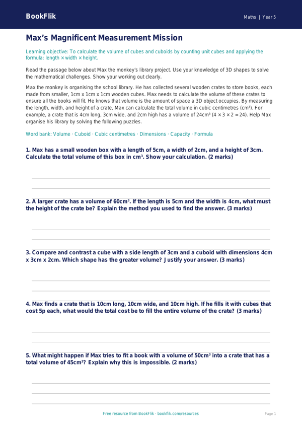Free Volume Track Sheet | Year 5 Greater Depth | BookFlik worksheet preview — Maths Volume