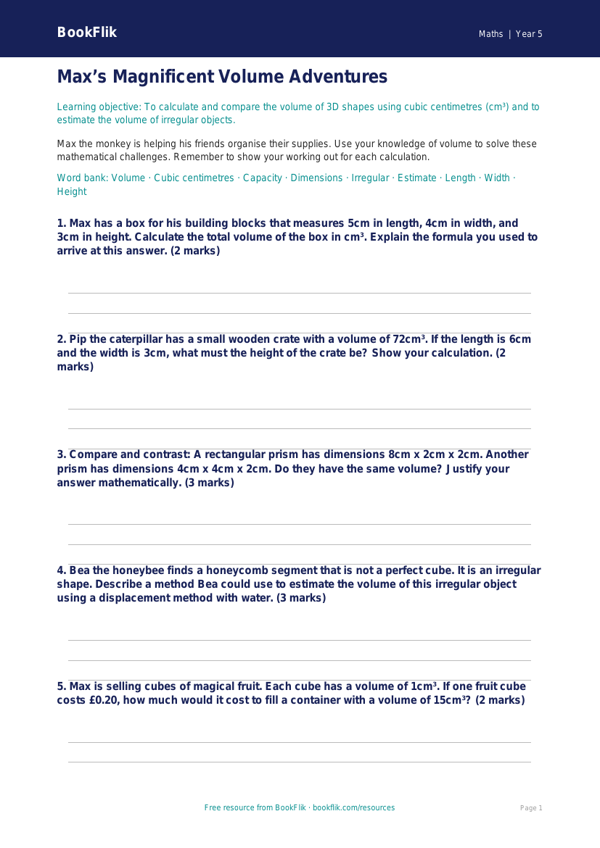 Free Volume Worksheet | Year 5 Greater Depth | BookFlik worksheet preview — Maths Volume