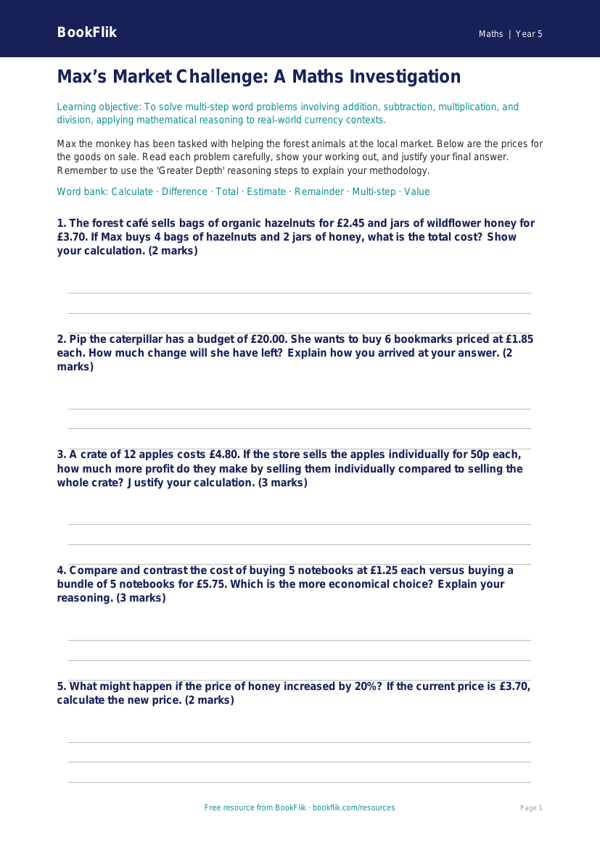 Free Word Problems Activity Sheet | Year 5 Greater Depth | BookFlik worksheet preview — Maths Word Problems