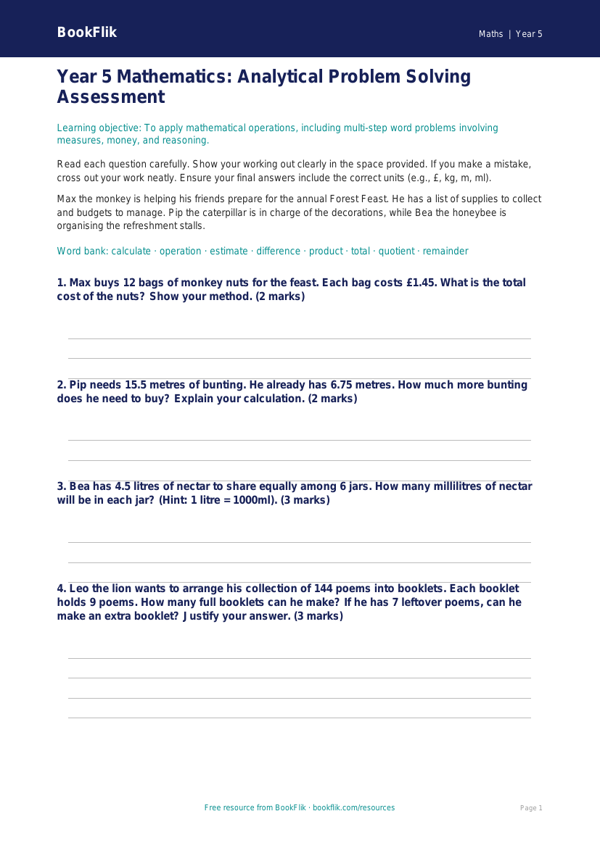Free Word Problems Assessment | Year 5 Greater Depth | BookFlik worksheet preview — Maths Word Problems