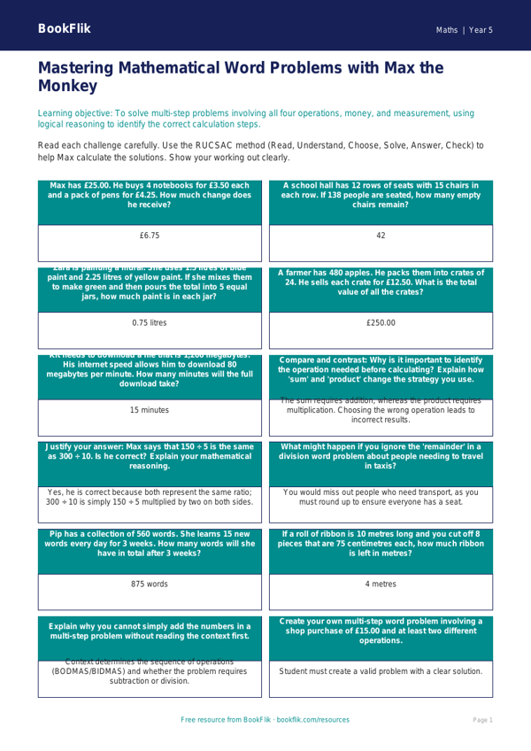 Free Word Problems Flashcards | Year 5 Greater Depth | BookFlik worksheet preview — Maths Word Problems