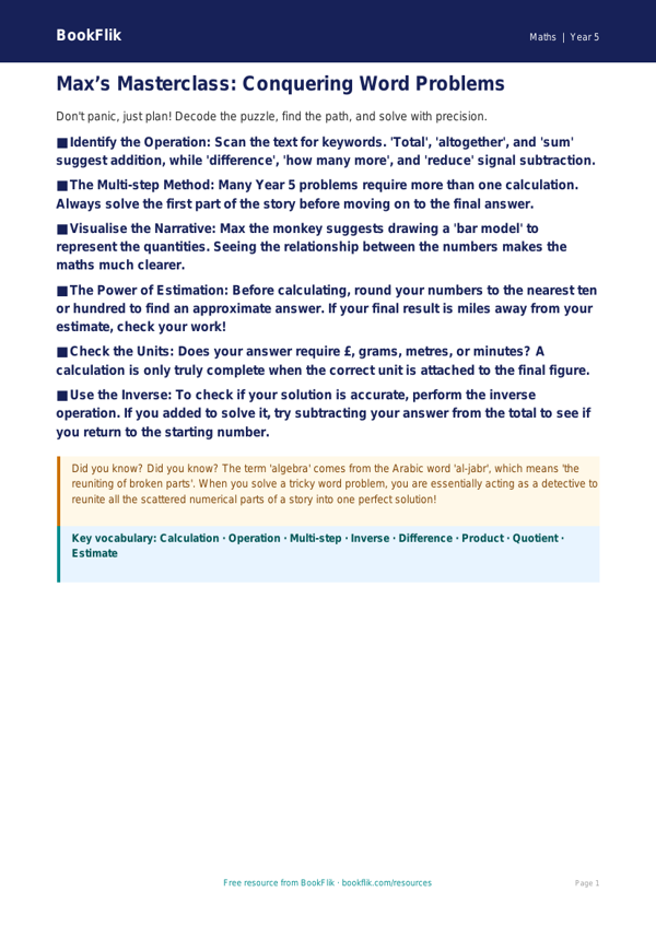 Free Word Problems Poster | Year 5 Greater Depth | BookFlik worksheet preview — Maths Word Problems