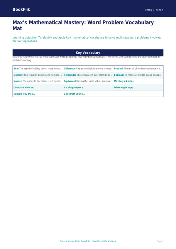Free Word Problems Word Mat | Year 5 Greater Depth | BookFlik worksheet preview — Maths Word Problems