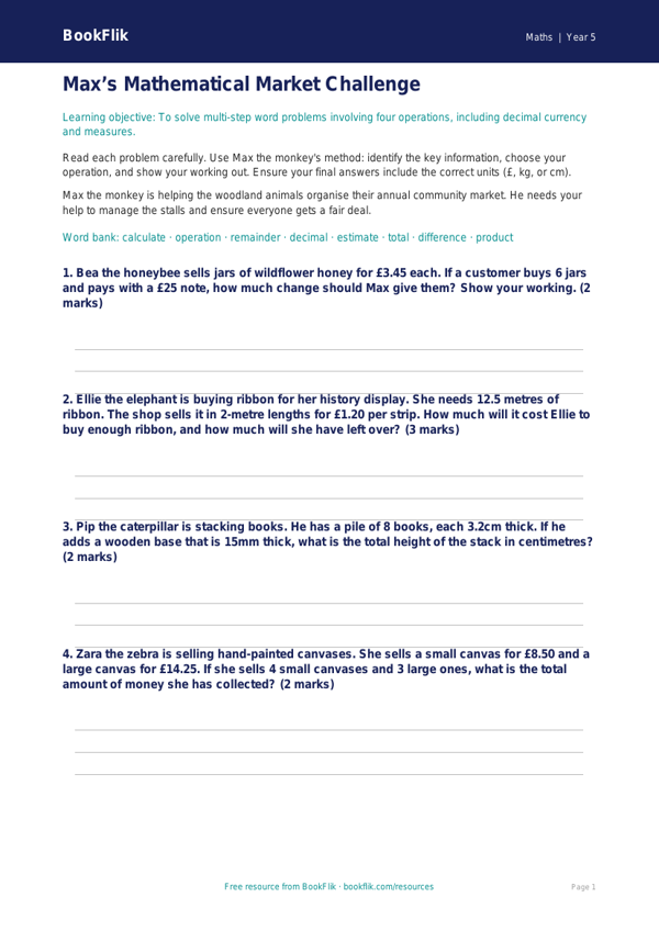 Free Word Problems Worksheet | Year 5 Greater Depth | BookFlik worksheet preview — Maths Word Problems