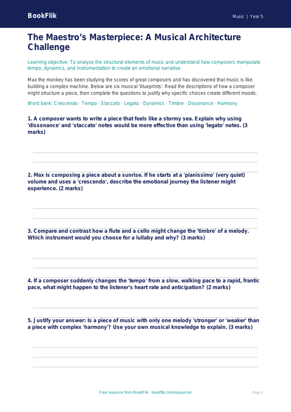 Free Composers Activity Sheet | Year 5 Greater Depth | BookFlik worksheet preview — Music Composers