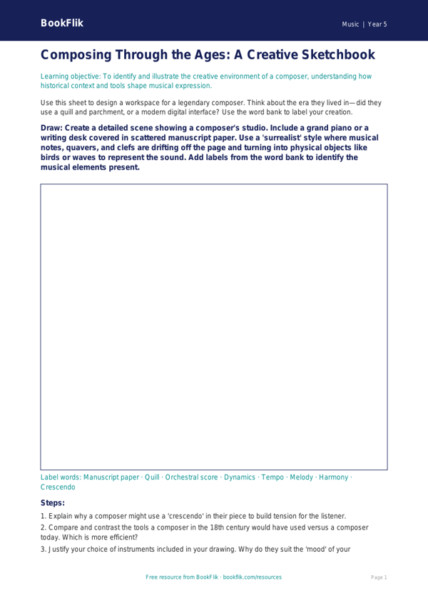 Free Composers Drawing Sheet | Year 5 Greater Depth | BookFlik worksheet preview — Music Composers