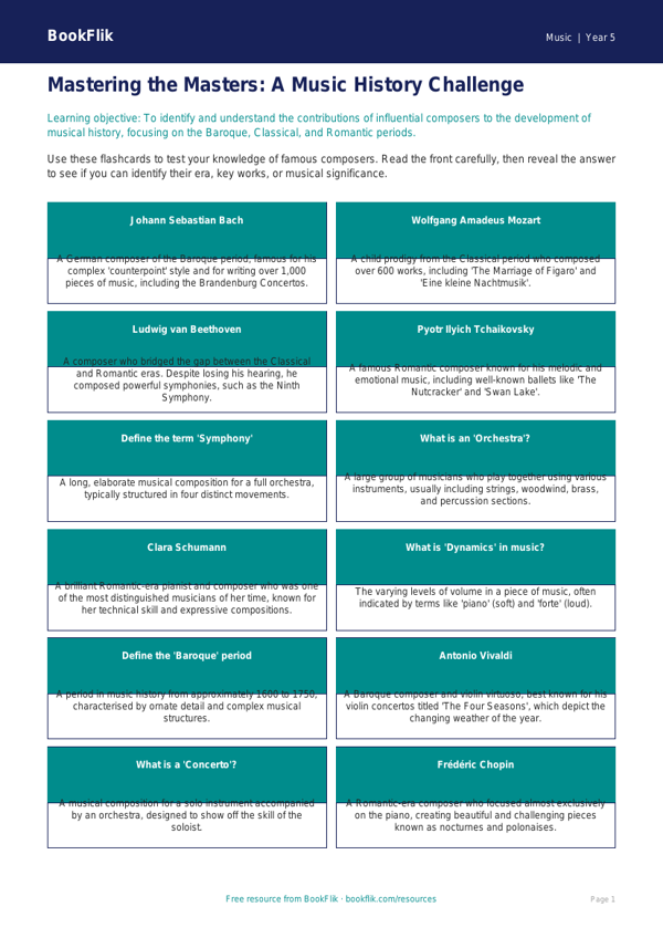 Free Composers Flashcards | Year 5 Greater Depth | BookFlik worksheet preview — Music Composers