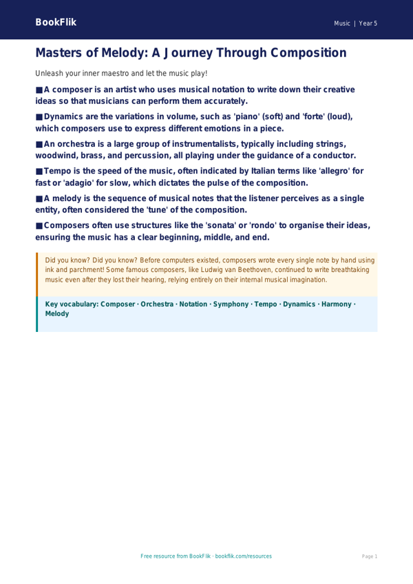 Free Composers Poster | Year 5 Greater Depth | BookFlik worksheet preview — Music Composers