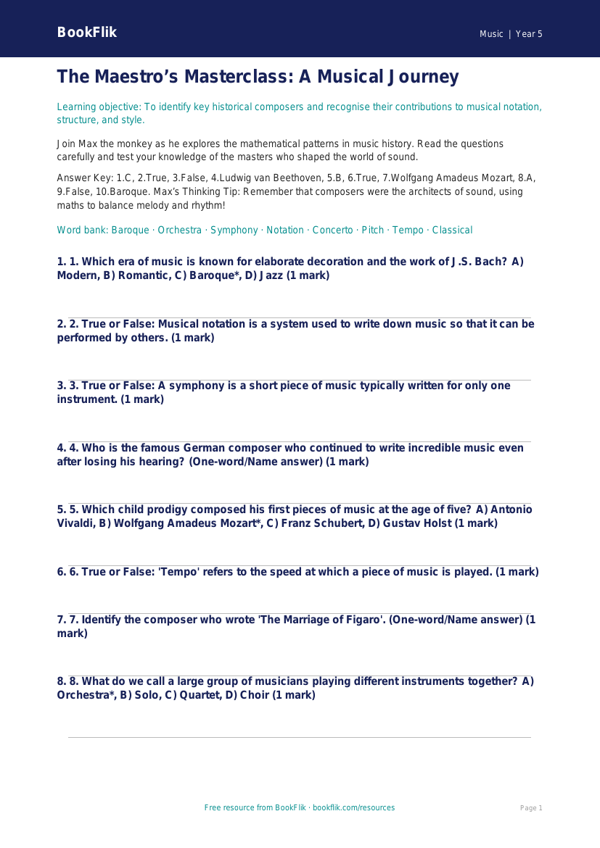 Free Famous Composers Quiz | Year 5 Greater Depth | BookFlik worksheet preview — Music Composers