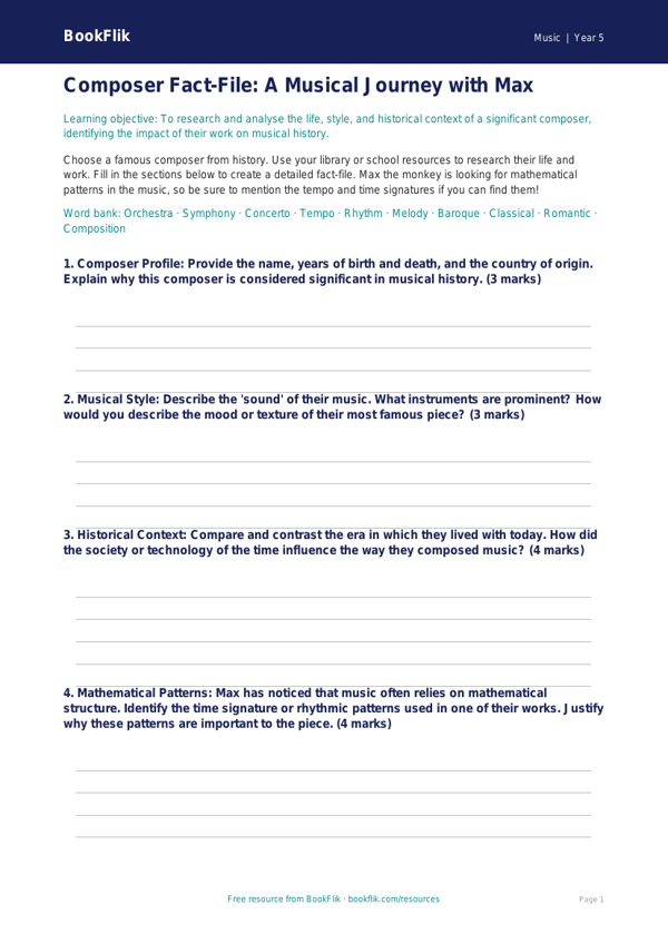 Free Composers Template | Year 5 Greater Depth | BookFlik worksheet preview — Music Composers