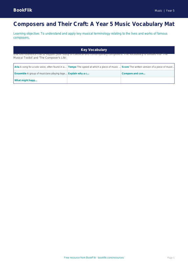 Free Composers Word Mat | Year 5 Greater Depth | BookFlik worksheet preview — Music Composers