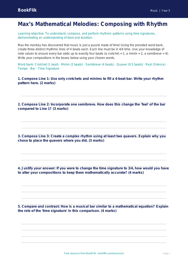 Free Composition Activity Sheet | Year 5 Greater Depth | BookFlik worksheet preview — Music Composition