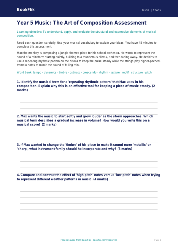 Free Composition Assessment | Year 5 Greater Depth | BookFlik worksheet preview — Music Composition