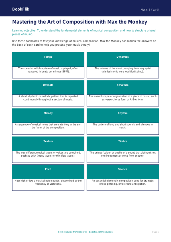 Free Composition Flashcards | Year 5 Greater Depth | BookFlik worksheet preview — Music Composition