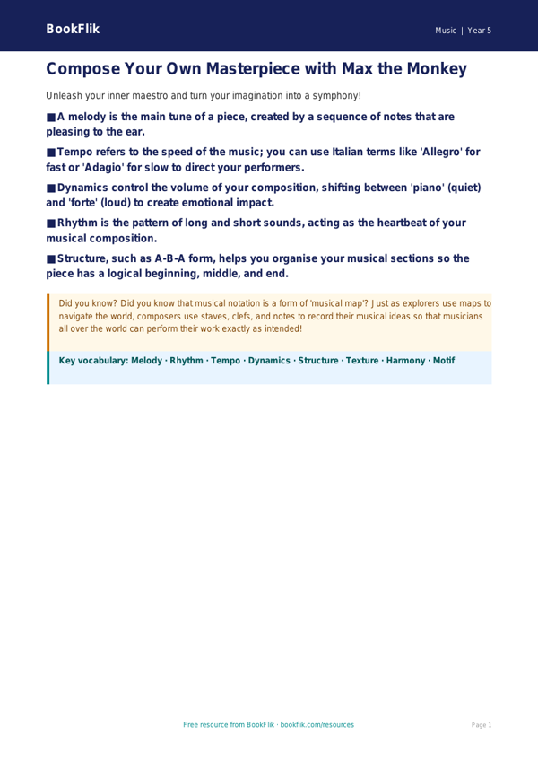 Free Composition Poster | Year 5 Greater Depth | BookFlik worksheet preview — Music Composition