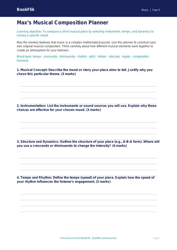 Free Composition Template | Year 5 Greater Depth | BookFlik worksheet preview — Music Composition